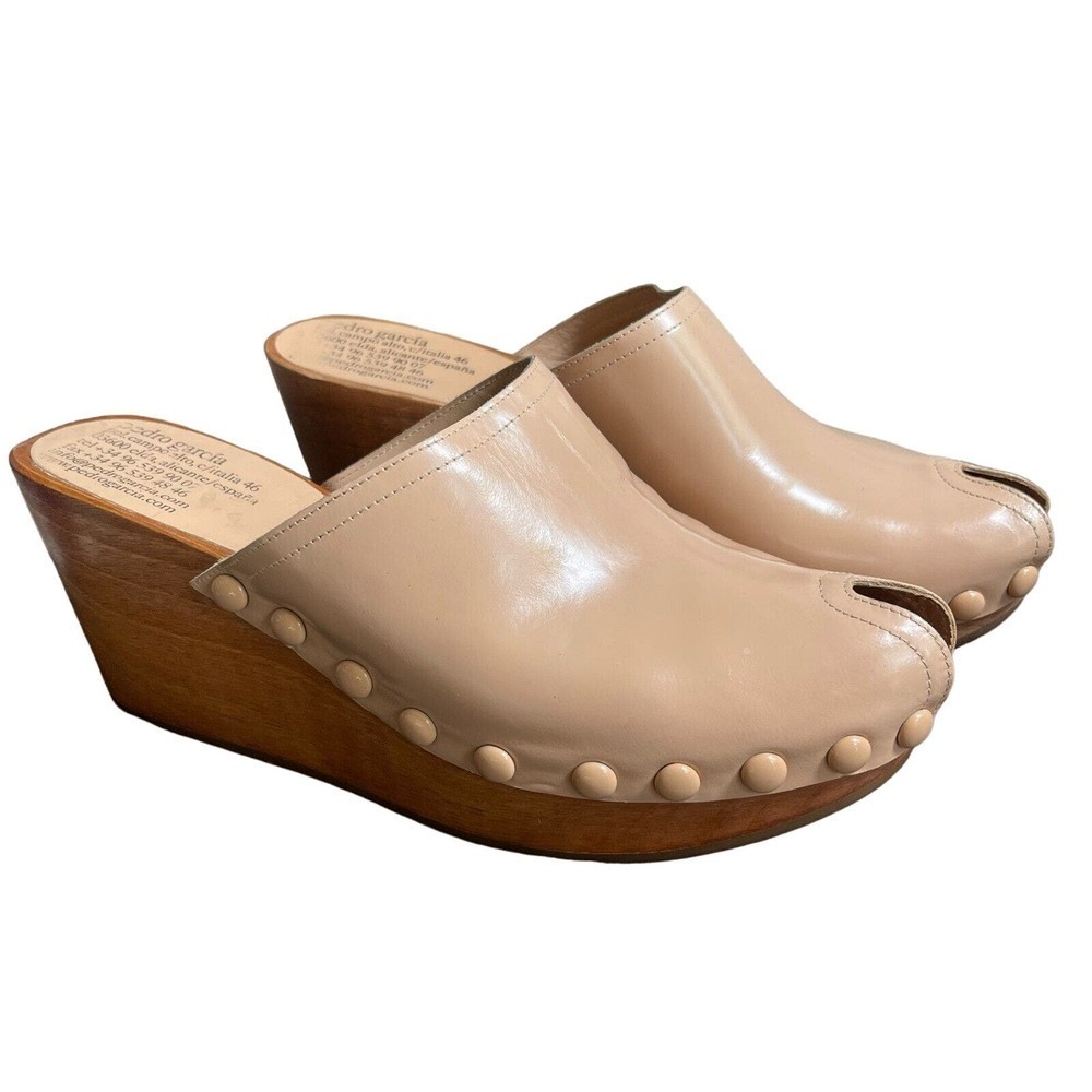 Pedro Garcia Clog Wood Platform Wedge Peep Toe Tan Slip On Size 38
